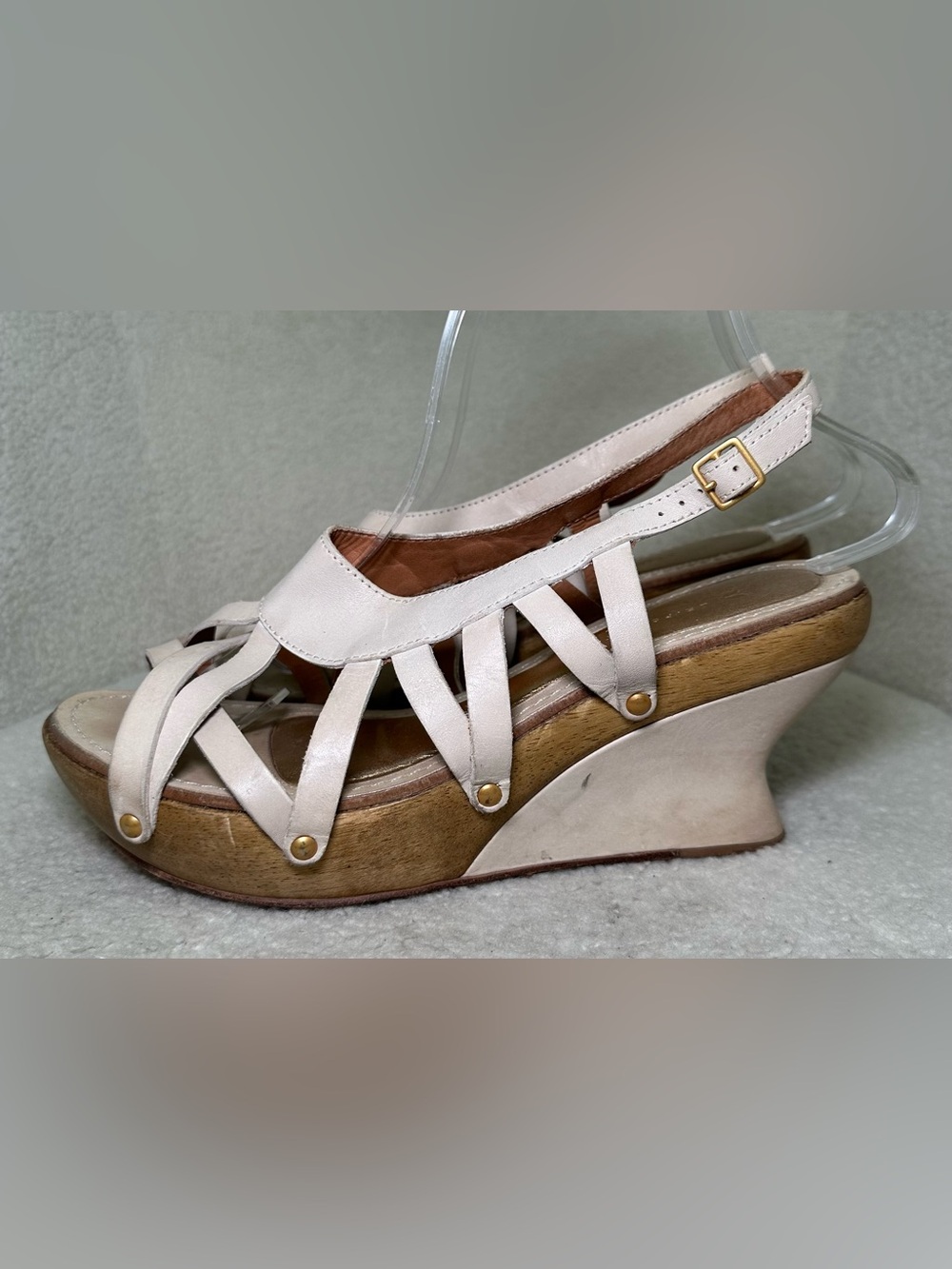 Leifsdottir Vintage Anthropologie Ivory Leather Wood Platform Wedge Strappy 9 - Picture 3 of 12
